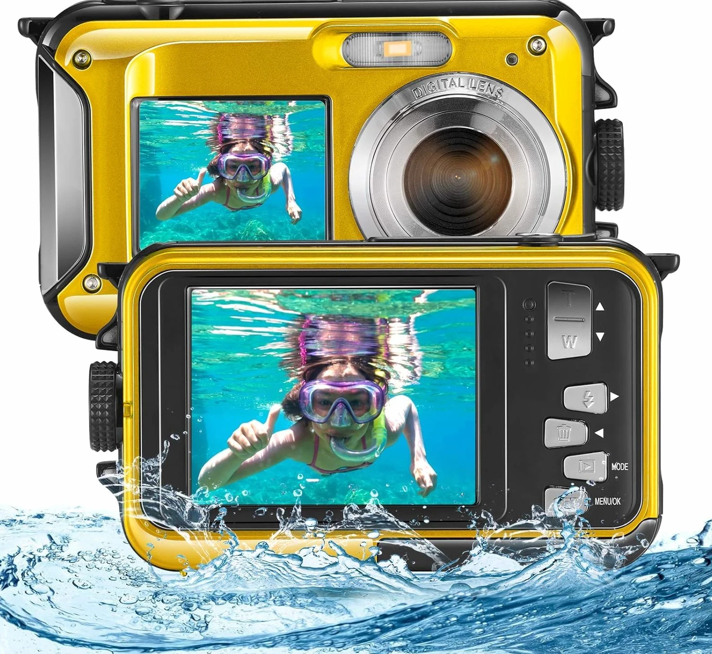 Digitalkamera, Wasserdicht, Full HD 2.7 K, 24 MP, Unterwasserkamera, 16 X Zoom, Wasserdicht, mit Doppelbildschirm, Autofocus für Jugendliche, Schüler, Anfänger, Gelb