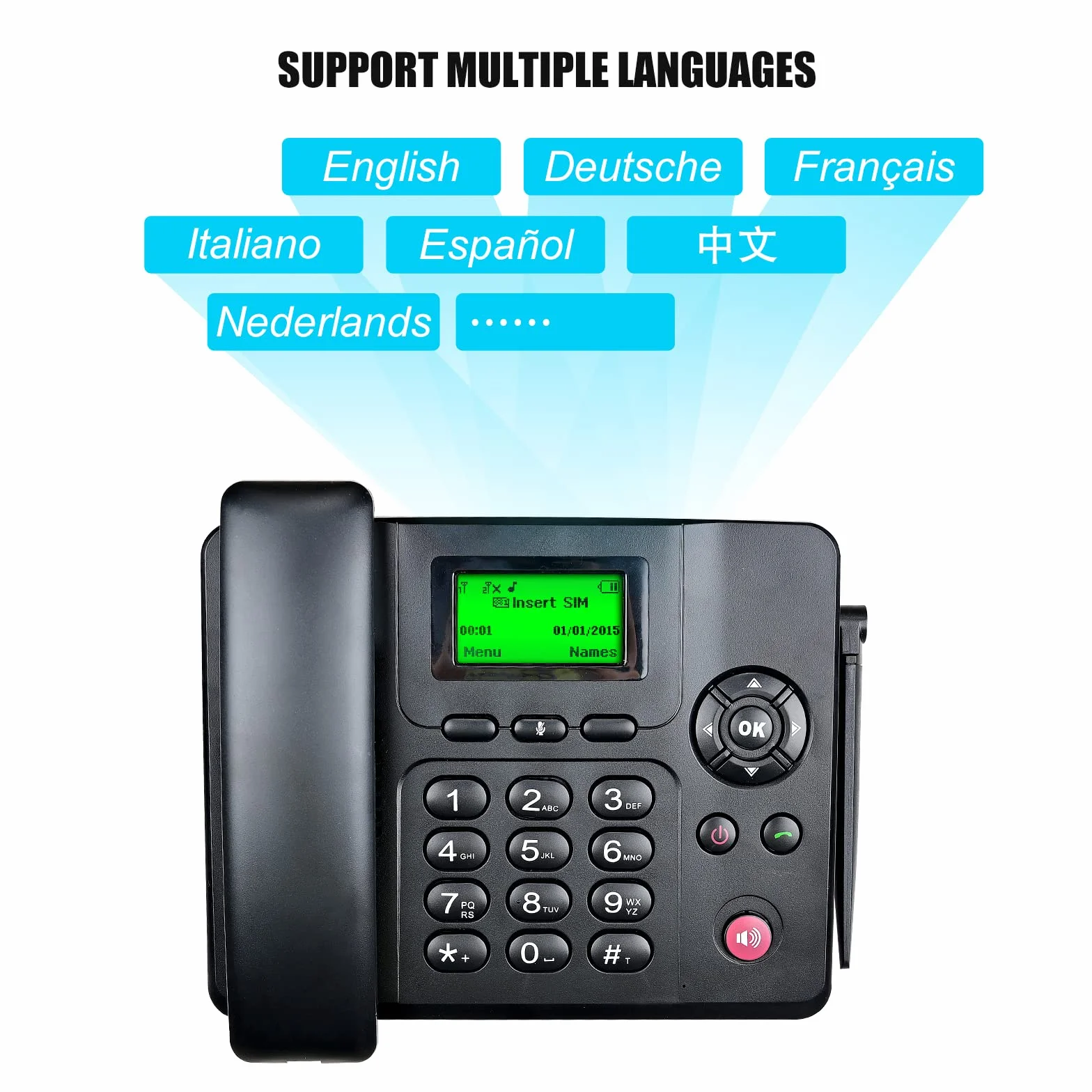 Lychee Quadband GSM Tischtelefon - Dual-SIM, Unterstützung für mehrere Sprachen(Einschließlich Deutsch),Großes Display mit Hintergrundbeleuchtung, Radiofunktion