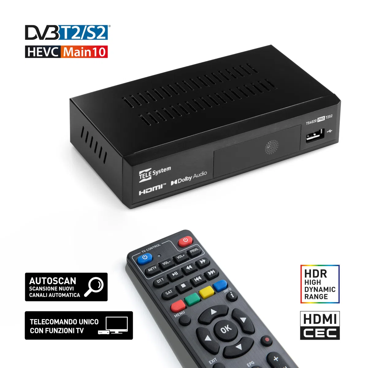 Tele System 2024 TS4020 PRO Digitaler terrestrischer und Satelliten-Decoder, DVB-T/T2 und DVB-S/S2 HEVC HD HDR10 HLG, Einzelfernbedienung