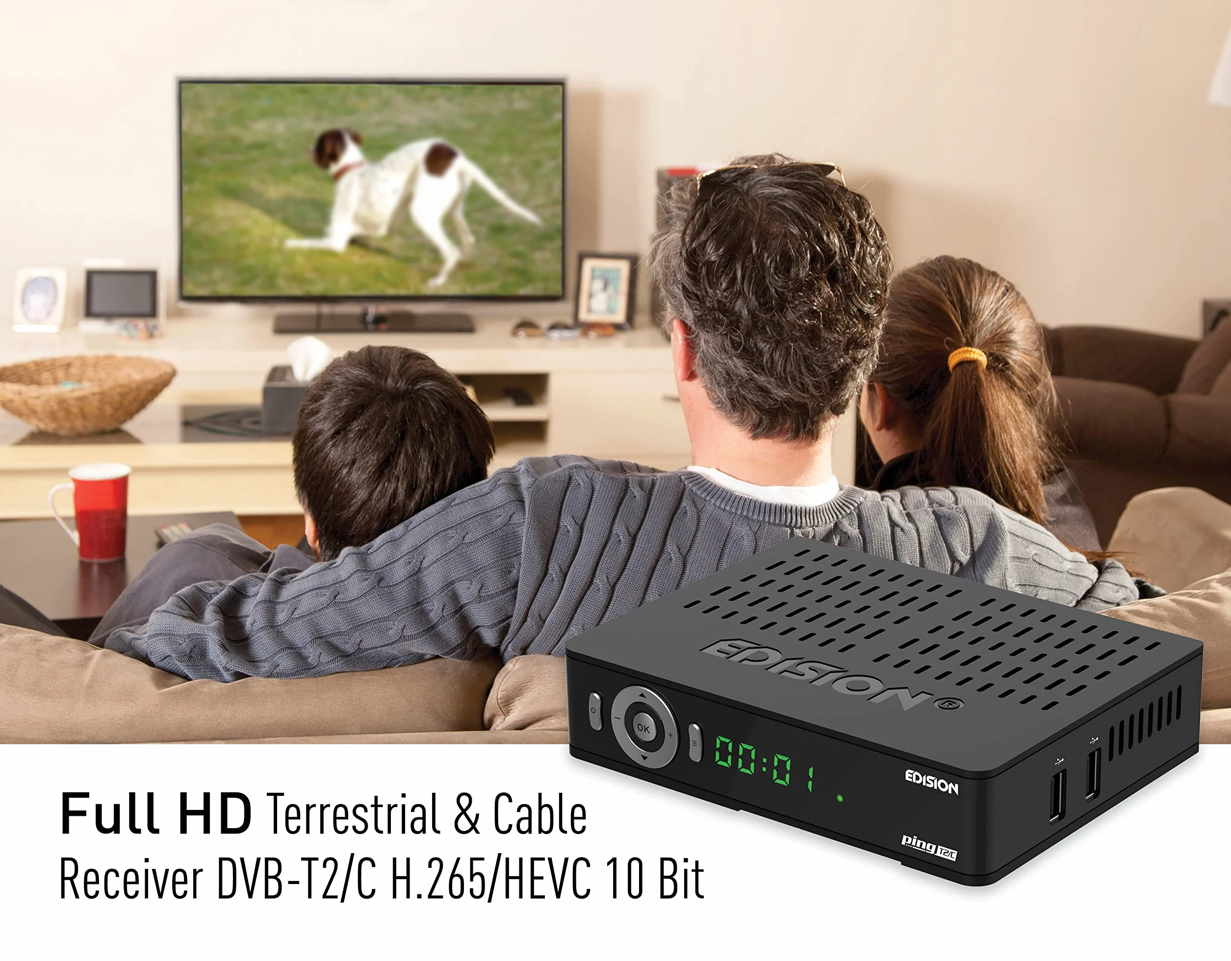 Edision PING T2 C Terrestrischer & Kabel Receiver DVB-T2 C H.265 HEVC Kartenleser Full HD PVR, 2xUSB, HDMI, SCART, LAN, S PDIF, IR-Auge, R2232, USB WiFi Support, Universal 2in1 Fernbedieung Schwarz