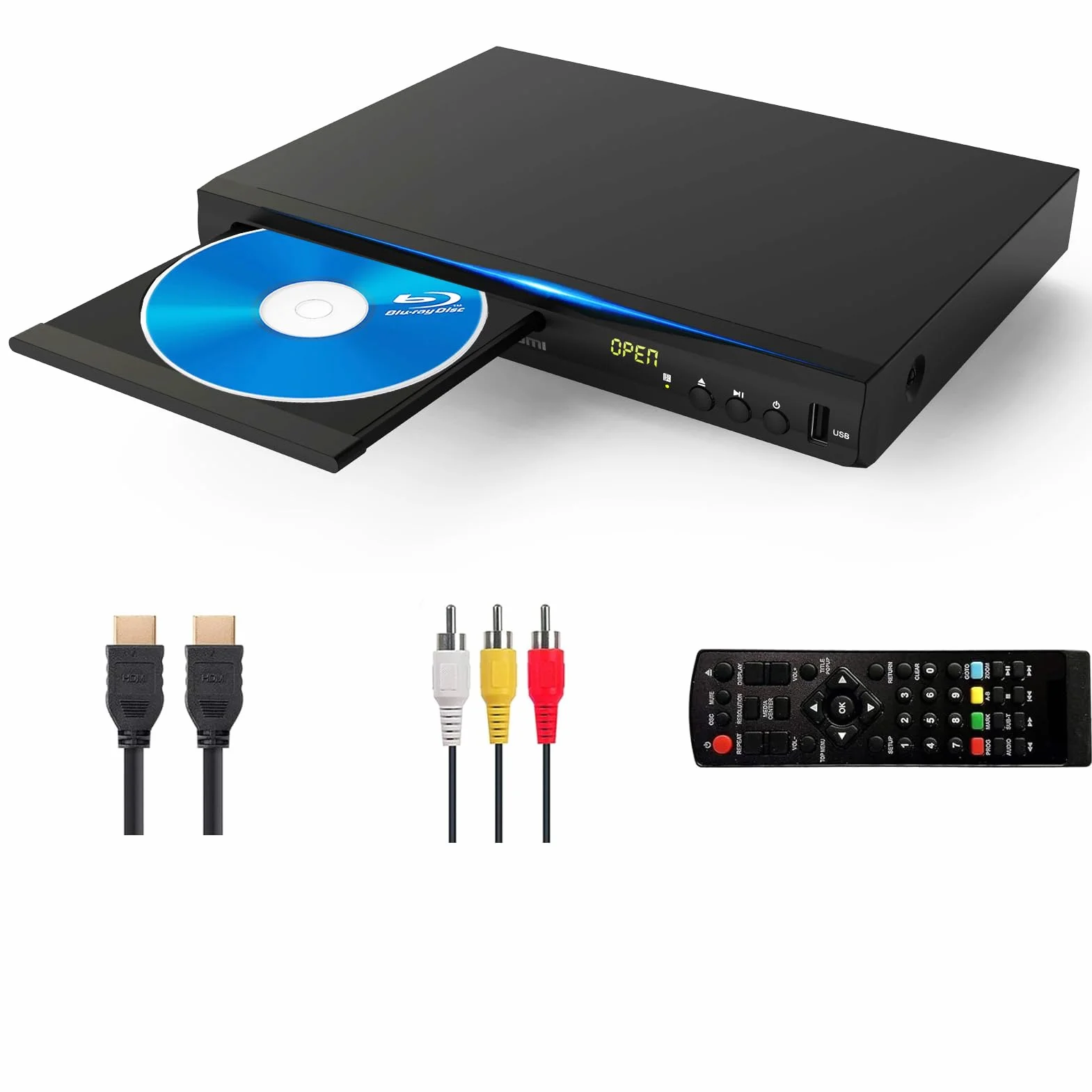 Blu-ray-DVD-Player, Multimedia-Disc-Wiedergabegerät für Filme und Musik Dolby Audio, Full HD 1080P Blu-Ray-Disc-Player mit HDMI-Ausgang/AV-Ausgang/Koaxialausgang/Blu-ray-Disc für Region B/2