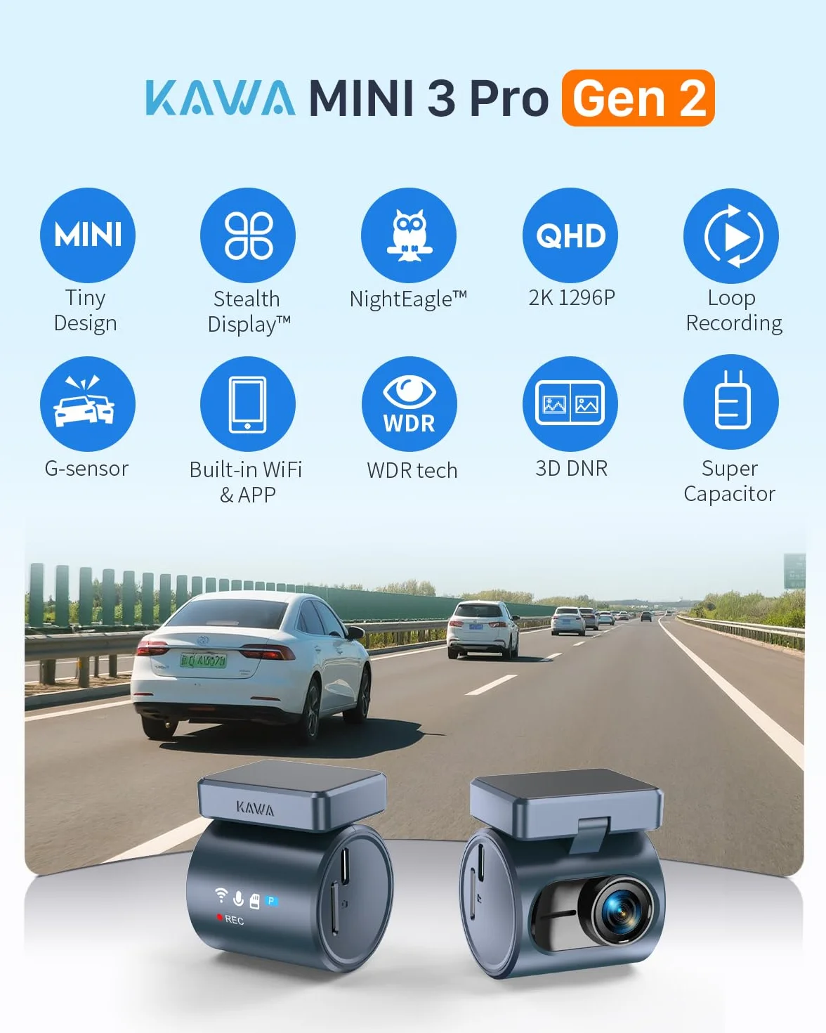 KAWA 2K Dashcam, Tarnanzeige & Sprachsteuerung & WLAN-Kamera fürs Auto | Frontkamera, inkl. 32GB TF-Karte, G-Sensor & Loop-Aufnahme, App-Steuerung, NightEagle Engine, 24-h-Parküberwachung