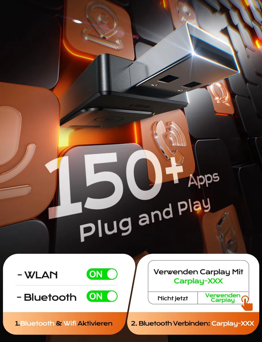 für Apple Carplay Wireless Adapter, 3X Autoverbindung, Keine Latenz, Plug&Play, Wireless Carplay Adapter, 2026 Mini Car Play Kabellos Dongle für GPS-Geräte mit Navigation, USB A/C (Schwarz)
