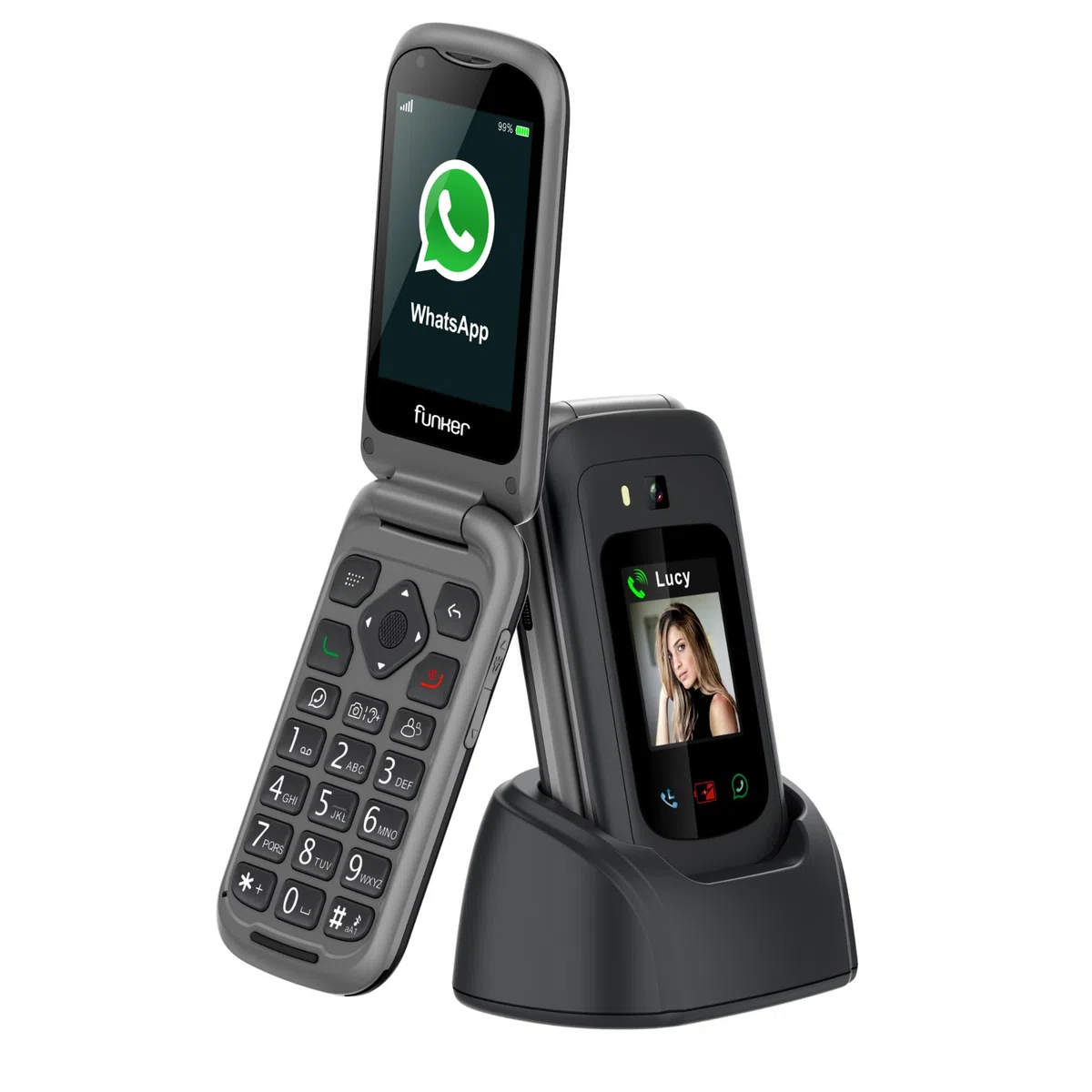Funker E480 4G-Telefon für Senioren mit WhatsApp und Videoanrufen, SOS- und GPS-Taste, große Tasten, 7,1 cm (2,8 Zoll) Touchscreen, hohe Lautstärke, Handy mit einfach zu bedienender Abdeckung, Schwarz