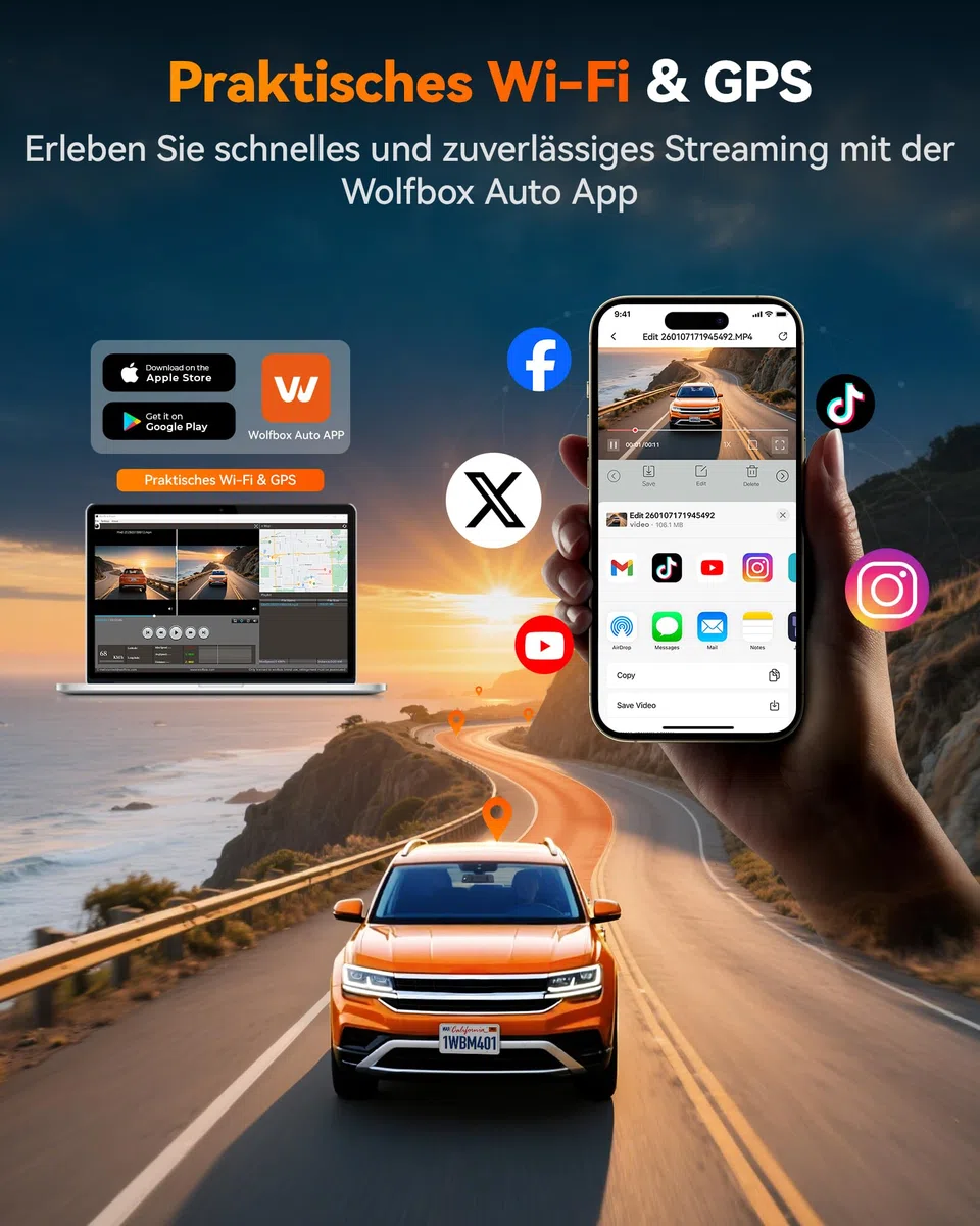 WOLFBOX M40 10” Rückfahrkamera Spiegel, 4K+1080P Dashcam Auto Vorne Hinten | Rückspiegel Kamera mit ADAS/BSD, Sprachsteuerung, Nachtsicht, Touchscreen, Integriertem Wi-Fi, Inklusive 64GB Karte & GPS