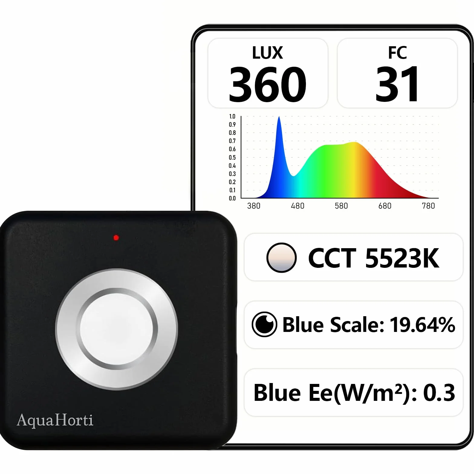 AH-300 LUX-Meter: Misst LED-Spektrum, CCT, LUX, Fußkandela (fc), verfügt über Blaulichtmessfunktion, LUX-Verteilung und Datenexport als CSV-Datei.