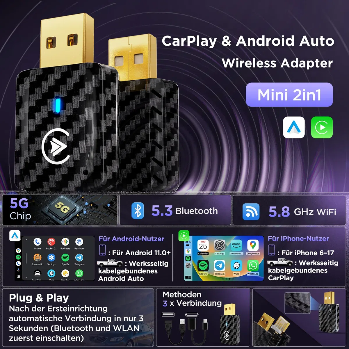 MSXTTLY CarPlay Wireless Adapter U2AC-01 Android Auto USB-C/A Schwarz