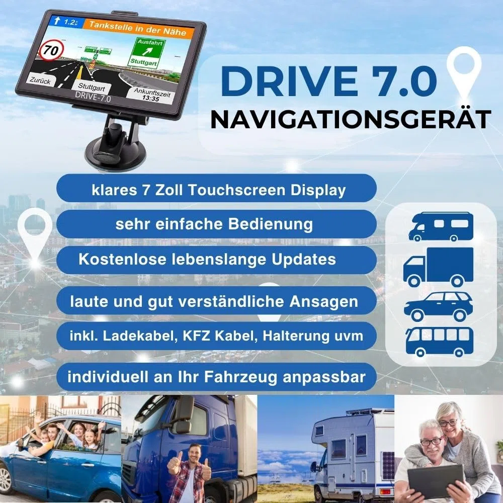 7 Zoll GPS Navigationsgerät Drive 7.0 für PKW LKW Wohnmobil, lebenslange Updates