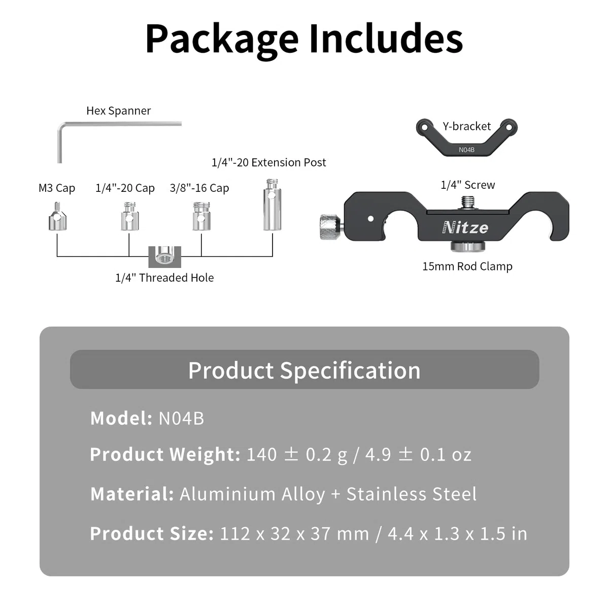 Nitze 15mm LWS Objektivhalterung, Universal Lens Support mit rollbarer Y-Halterung, 1/4"-Höhenverlängerung und 1/4", 3/8", M3-Kappen, kompatibel mit schweren Langen Objektiven – N04B