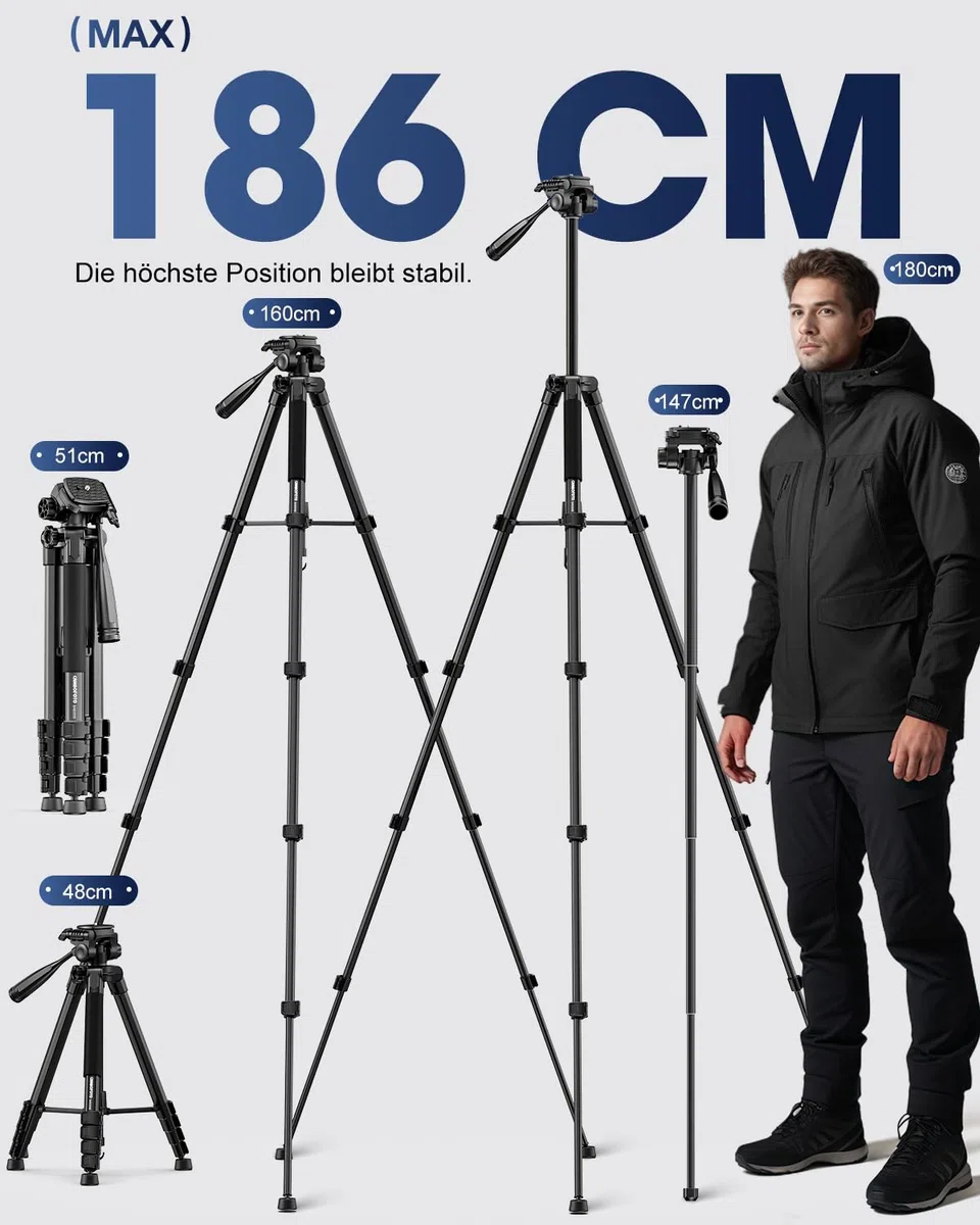 CAMBOFOTO 186cm Aluminium Stativ für DSLR, Spiegellose Kameras, Handys, Camcorder, mit Handyhalterung & Reisetasche (Schwarz)