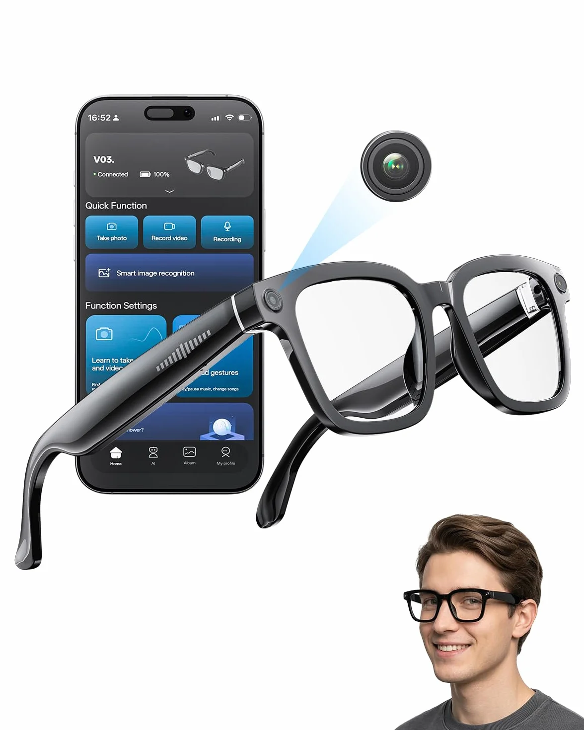 2026 AI Smart Camera Brille, 8 MP, 32 GB, 1200p-HD-Kamera, Unterstützt Foto-Video-Audioaufnahmen, Echtzeitübersetzung, Sprachassistent, Objekterkennung für Alltag, Arbeit und Vlogs