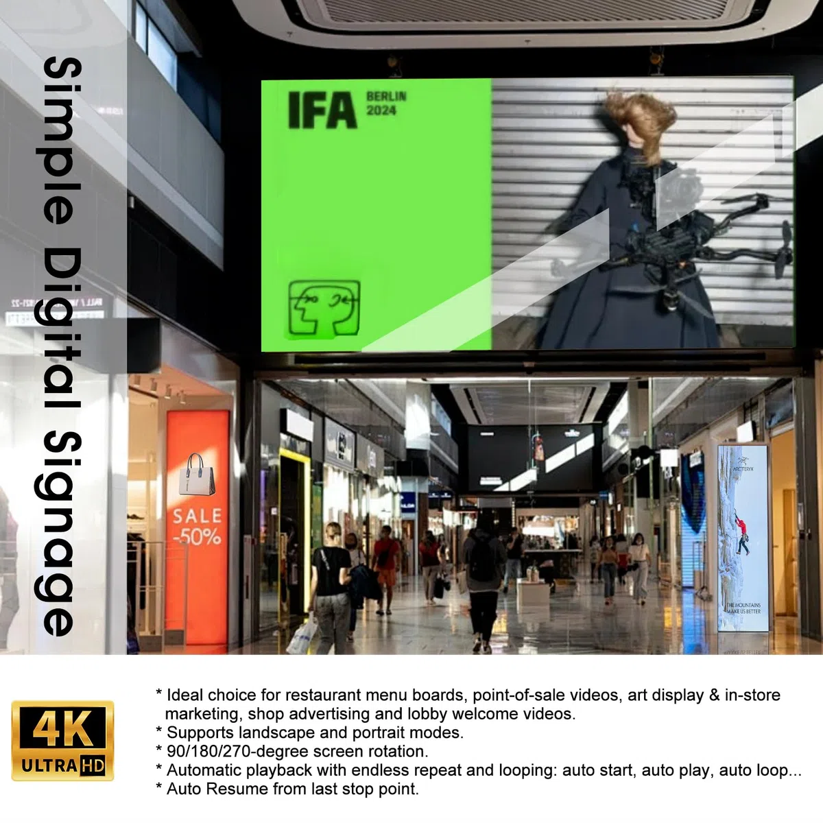 4K Ultra HD Media Player für USB-Stick & MicroSD-Karte, HDMI/AV Digital Signage Player mit Auto-Wiedergabe, Speicherfunktion & Endlosschleife, H.265 Media Box für Videos, Musik & Fotos