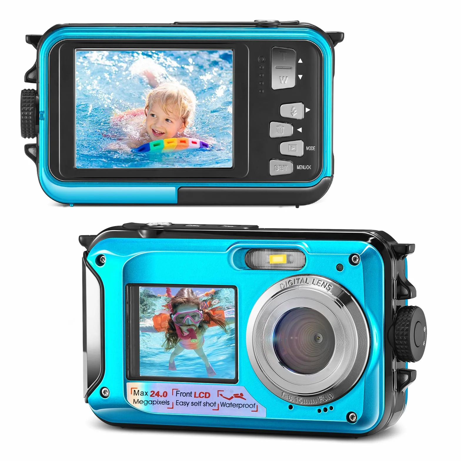 Unterwasserkamera, wasserdicht, Full HD 2,7 K, 24 MP, Digitalzoom, 16-fache Kamera, mit Doppelbildschirm, für Jugendliche, Schüler, Anfänger, Blau
