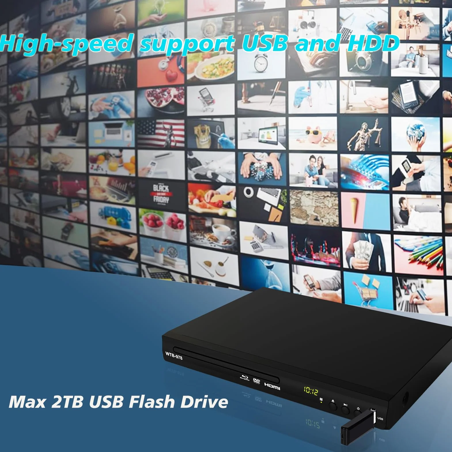Blu-ray-DVD-Player, Multimedia-Disc-Wiedergabegerät für Filme und Musik Dolby Audio, Full HD 1080P Blu-Ray-Disc-Player mit HDMI-Ausgang/AV-Ausgang/Koaxialausgang/Blu-ray-Disc für Region B/2