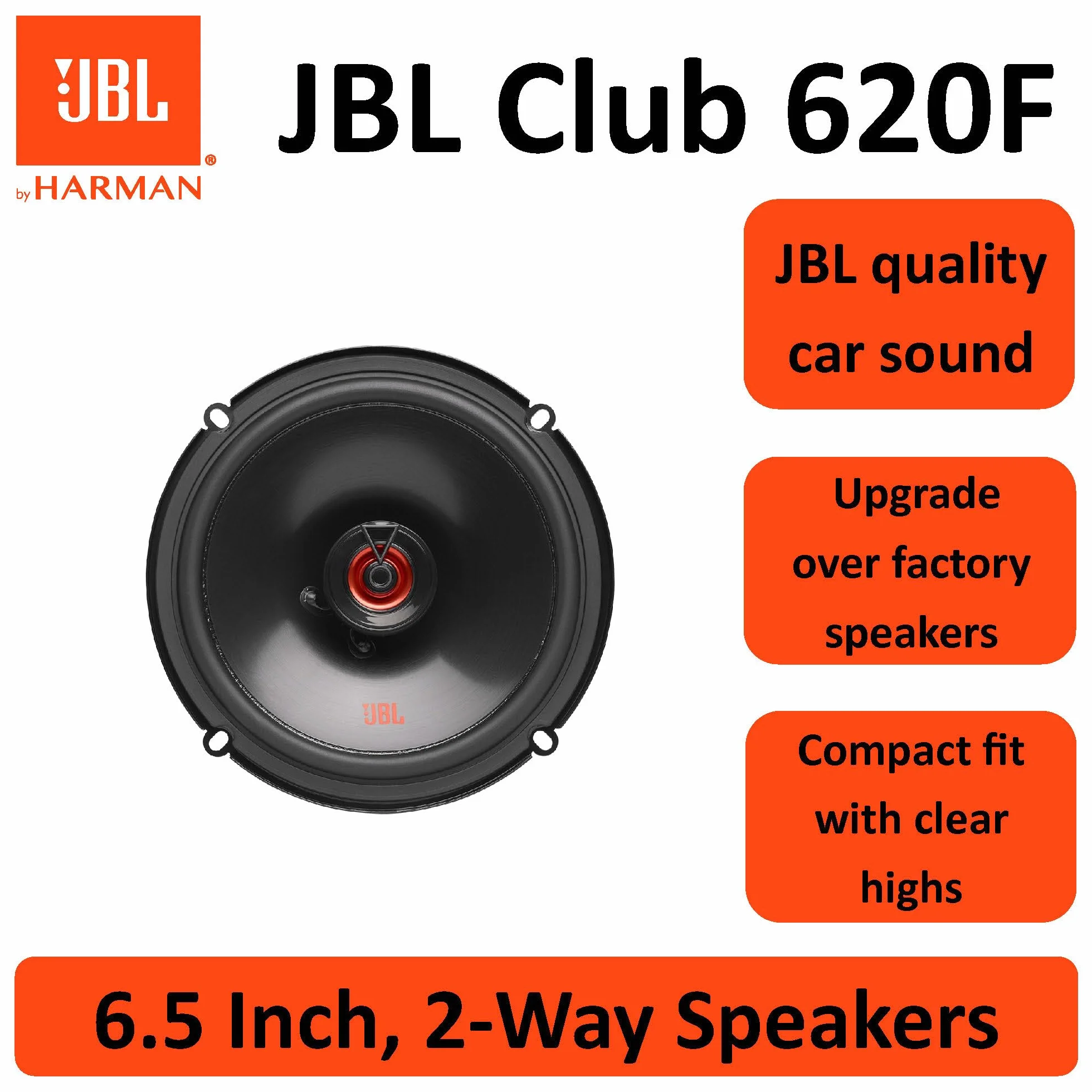 JBL SPKCB620F 6,5 Zoll 2-Wege Koaxiallautsprecher Auto mit 55 W RMS und 165 W Max, 92 dB Empfindlichkeit, 3 Ohm, 55 Hz–20 kHz, Plus One Woofer, PEI Hochtöner, Flache Bauweise