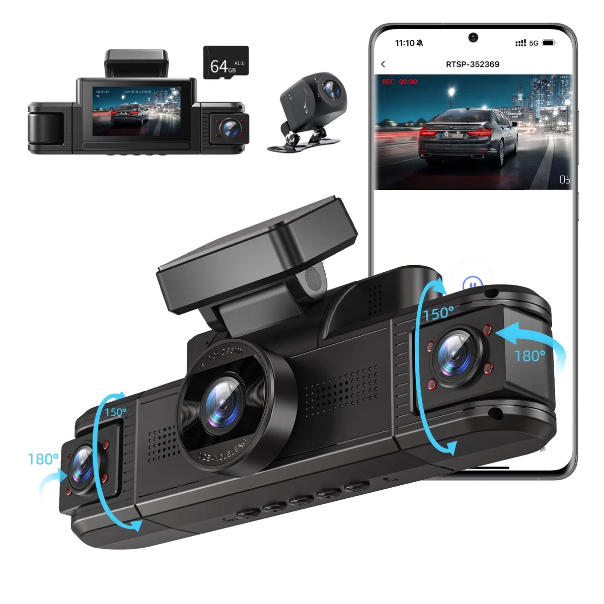 4 Kanal Dashcam Auto Vorne Hinten 4K+1080P mit WiFi,Dash Cam Auto Kamera 3" IPS Bildschirm,Kostenlose 64 GB Karte,Nachtsicht,G Sensor,Loop-Aufnahme,APP Steuerung,170°Weitwinkel WDR