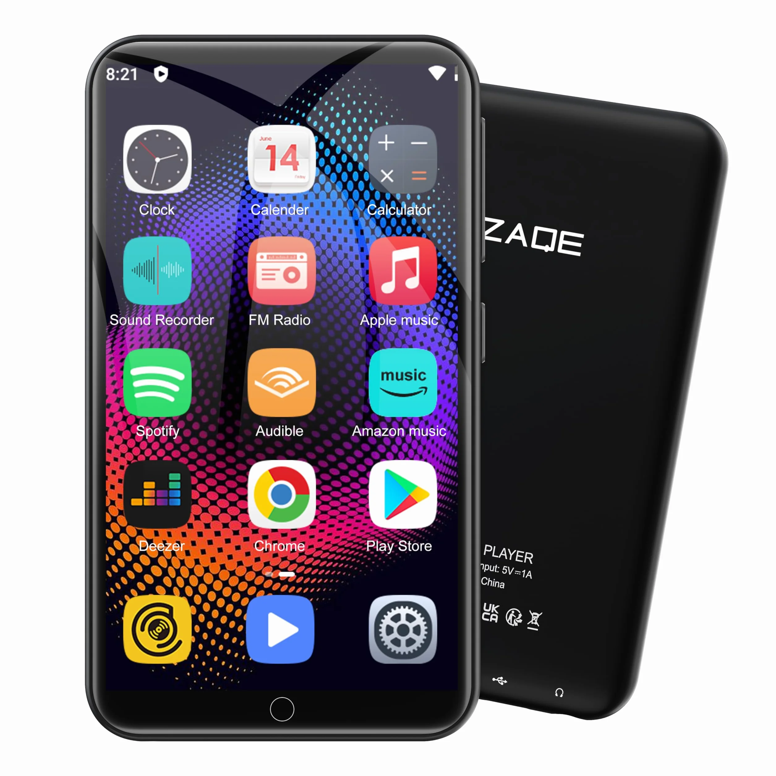 80GB MP3 Player mit Spotify und WiFi Bluetooth, ZAQE 4 Zoll Touchscreen, Android 13 MP4 Player, Audible Compatible, FM Radio, Amazon Music, Deezer, Pandora, Play Store (schwarz)