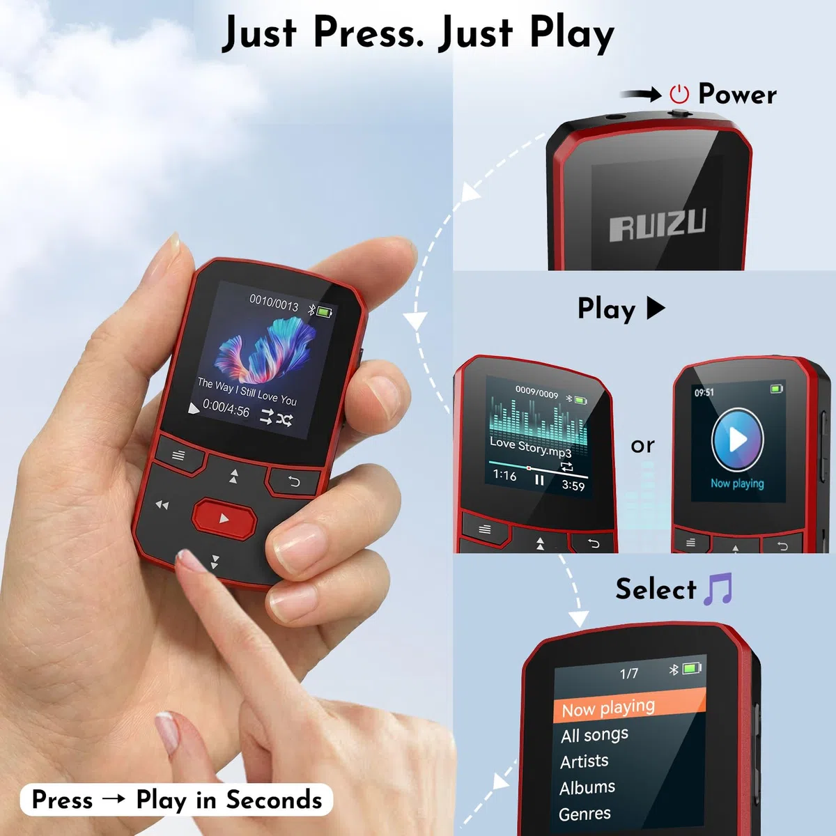 64GB MP3 Player Bluetooth 5.3, Clip Sport Musikplayer mit Blindbedienung, Tragbarer 29g Mini Audioplayer mit Resume-Funktion, FM Radio, Diktiergerät, bis 128GB