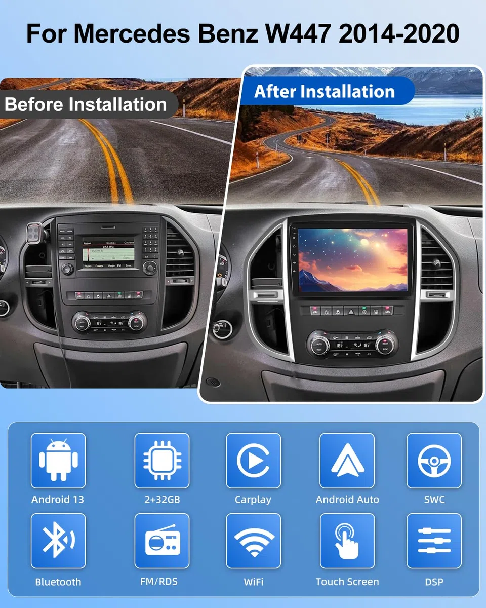 NHOPEEW 2+64G 10.1 Zoll Android Radio für Mercedes Benz Vito W447 2014-2020 - Wireless CarPlay & Android Auto GPS Navigation, Lenkradsteuerung, FM RDS, Split-Screen + Rückfahrkamera