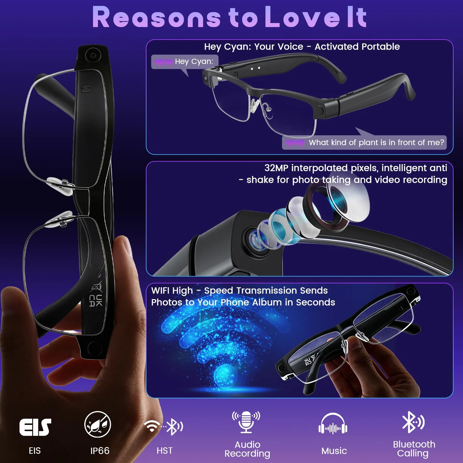 AI Smart Glasses, Brille Kamera mit 8MP HD-Kamera & 1200P Video, mit Videoaufzeichnung, Musikwiedergabe,Dual-Mikrofon, Simultanübersetzung/GPT-Objektidentifizierung für Reisen, Meetings