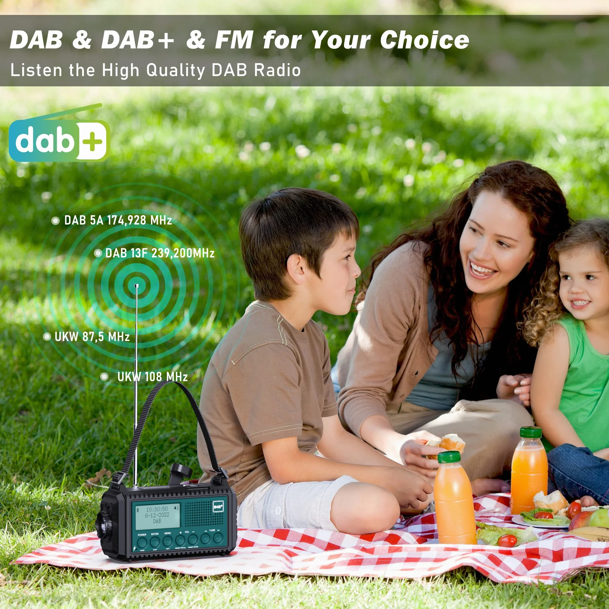 Kurbelradio DAB+/DAB/UKW mit 5000mAh Akku Wiederaufladbare, Notfallradio mit Taschenlampe & Leselicht, Tragbare Camping Radio mit USB Handyladefunktion FM Dynamo, SOS-Alarm für Wandern, Outdoor