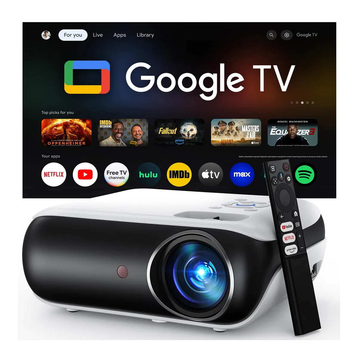 Google TV Smart Beamer 4k HAPPRUN 25000L Full HD Heimkino Dolby Audio Wi-Fi Bluetooth 300" Projektor