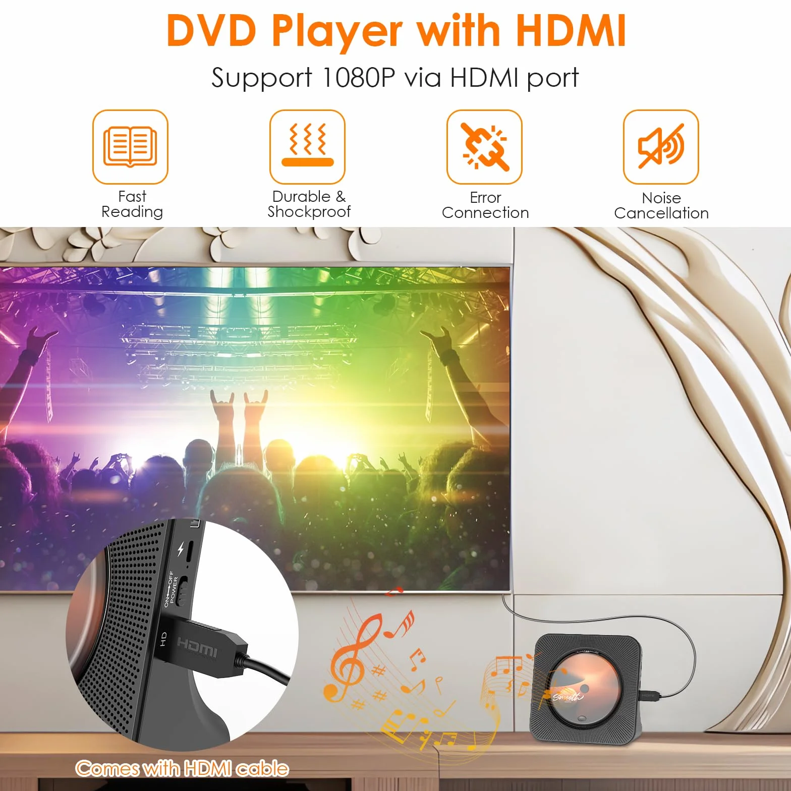 DVD Player mit HDMI CD Player Bluetooth mit Lautsprecher Fernbedienung Staubschutzhülle Bildschirm FM-Radio Timer USB-Wiedergabe AUX-Wiedergabe Kopfhöreranschluss Schwarz