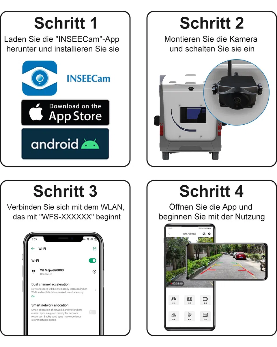 1080P Solar Kabellose Rückfahrkamera – Magnetische WLAN Rückfahrkamera mit Nachtsicht, IP66, wiederaufladbarer Akku für Anhänger Wohnmobil LKW Auto