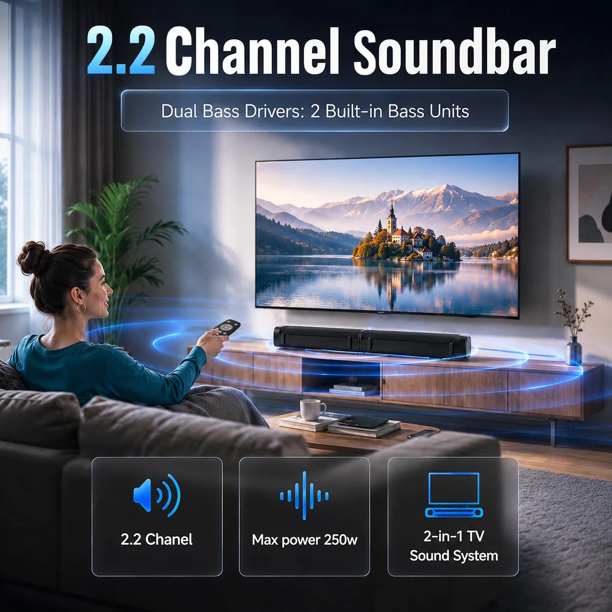 Teilbare 2-in-1 Soundbar (2.2 Kanäle, 240 W) mit RGB-Licht & Bluetooth 5.3, 3 EQ-Modi & regelbarem Bass, TV-Lautsprecher für Fernseher/Gaming/PC/Beamer – inkl. ARC, Optisch, Aux, USB