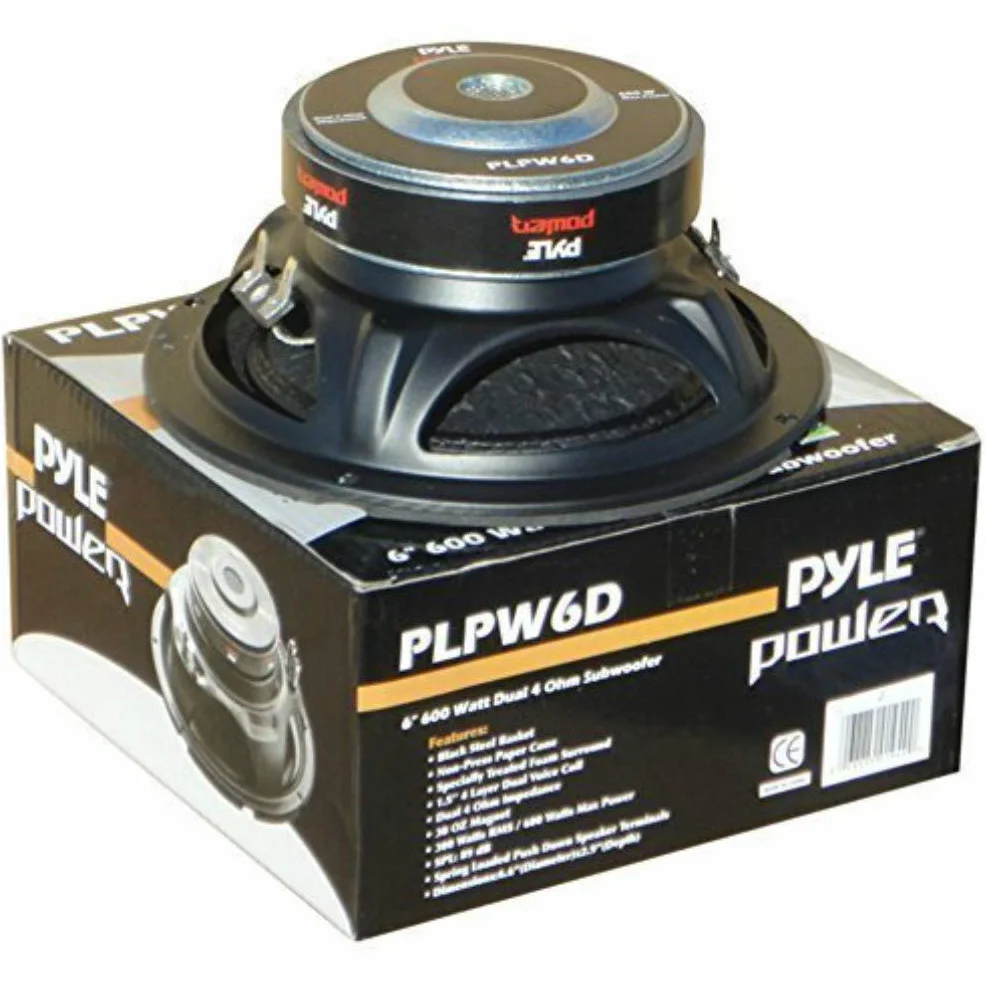 SUBWOOFER TIEFTON LAUTSPRECHER PYLE PLPW6D VON 300 WATT RMS E 600 WATT MAX 6,5" VON 16,50 CM 165 MM DVC VERDOPPELT SPULE 4 + 4 OHM AUCH FÜR TÜREN ES IST PORTIER CAR ODER IN KASTEN SPEAKER