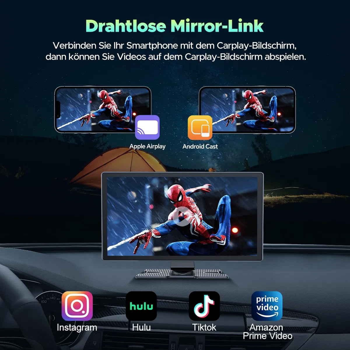 Volam Autoradio mit Wireless A-pple Carplay & Android Auto,9 Zoll IPS Touchscreen Tragbares Carplay Bildschirm mit Bluetooth 5.0,Digital Receiver mit Siri/Goog-le/Mirror Link/G-oogle/Siri/FM/AUX