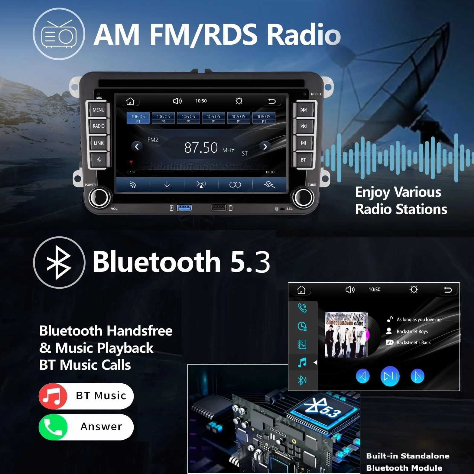 Autoradio für VW Golf 5/6, Polo 5/6R, T5, Passat, Jetta – 7-Zoll-Touchscreen, Wireless CarPlay & Android Auto, Bluetooth/AM/FM/Lenkradsteuerung (SWC)/USB/DSP-EQ, Plug and Play
