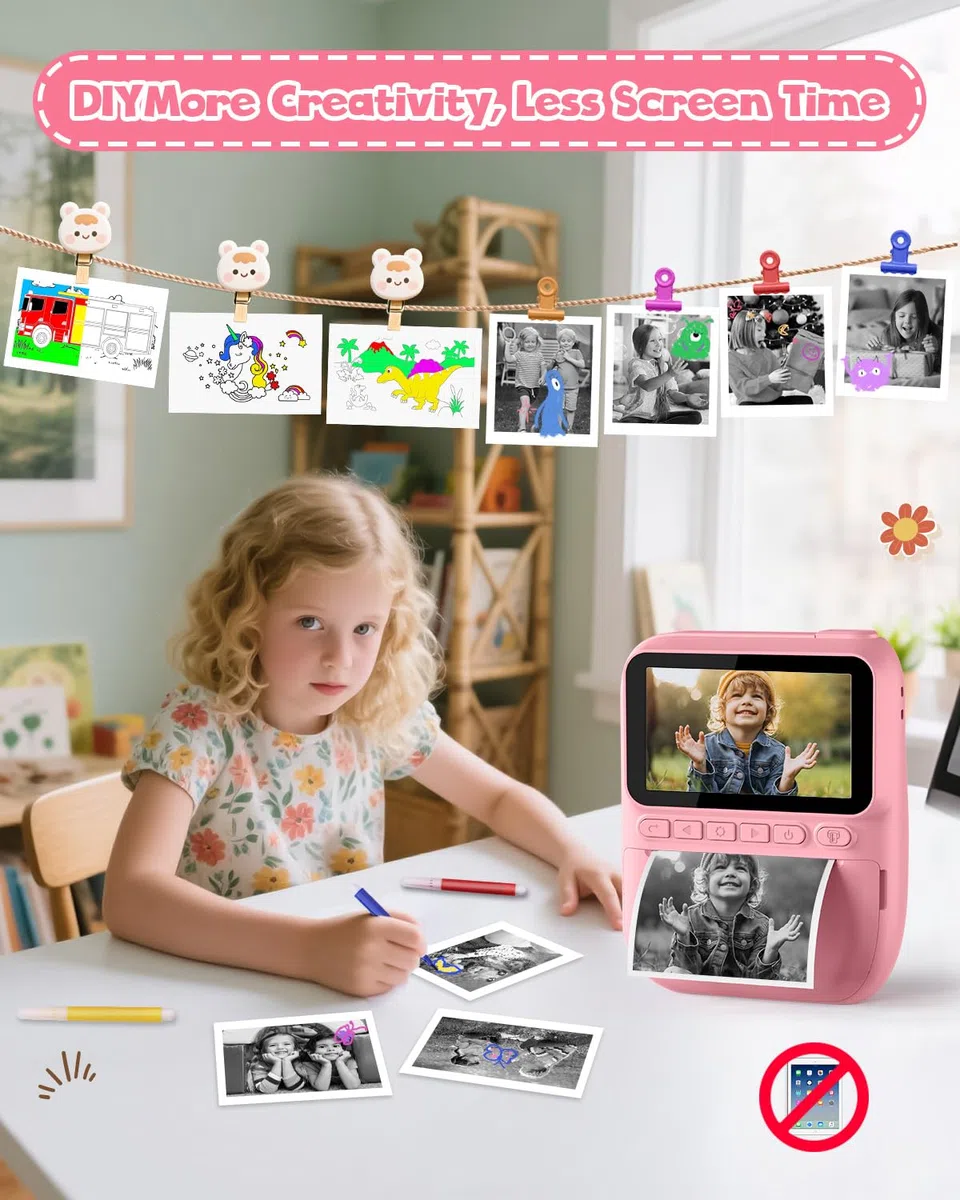 Kinderkamera Sofortbildkamera 3,0 Zoll 1080P Digitalkamera mit Druckerpapier & 32GB Karte für 3-10 Jahre Rosa