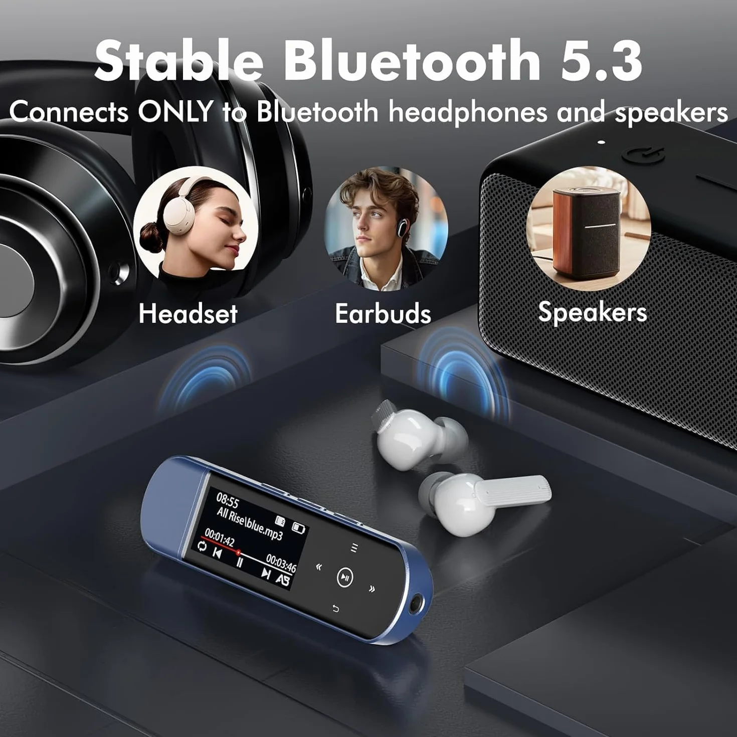 64GB Tragbarer USB MP3 Player mit Bluetooth 5.3, Clip für Sport & Laufen, FM Radio, Voice Recorder, Handy-Dateiübertragung & digitaler Audio-Shuffle