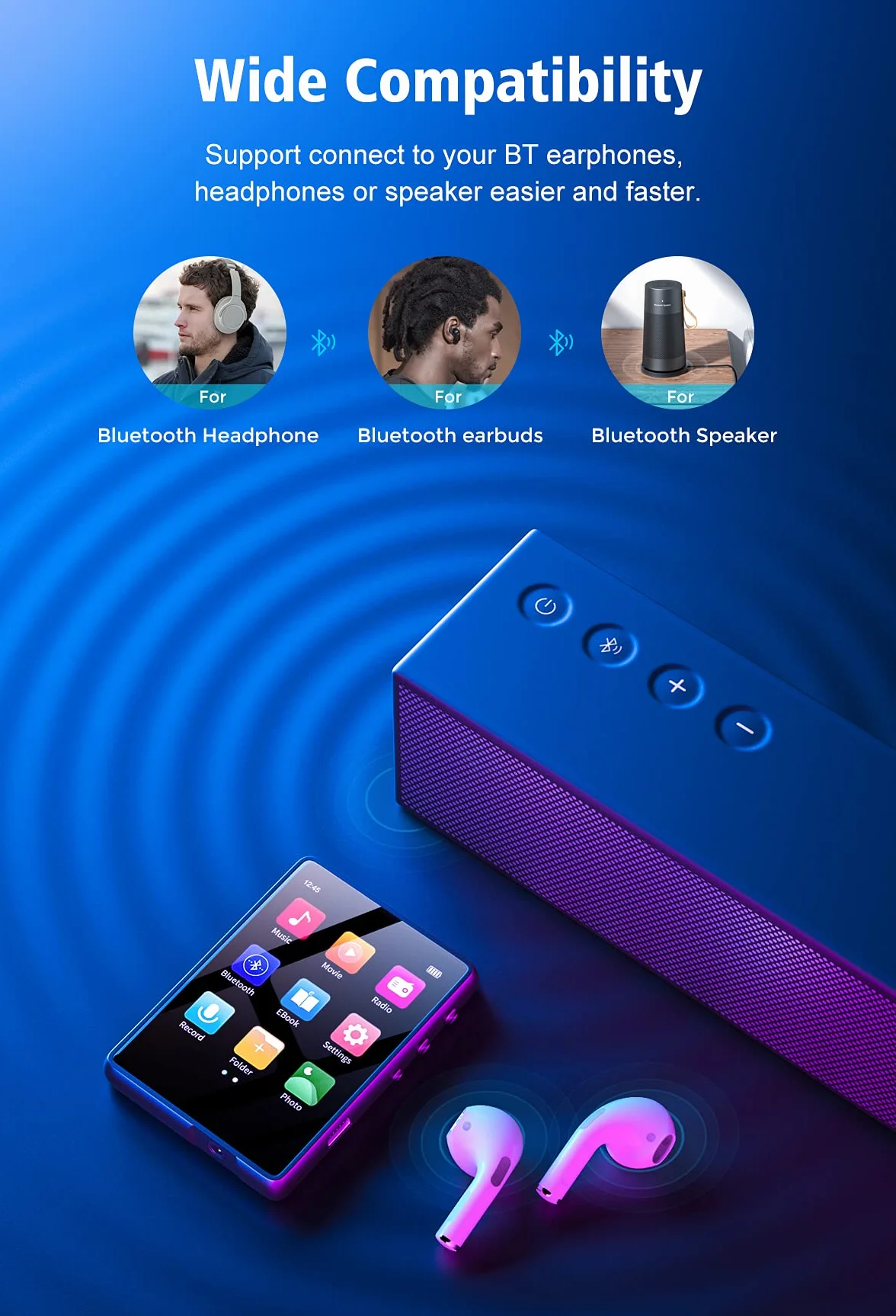 MECHEN MP3 Player Bluetooth, Tragbare 32GB MP3-Player mit Lautsprecher, USB C, FM Radio, Aufnahme, Hi-Fi Sound, Lange Akkulaufzeit, Erweiterbarer Speicher