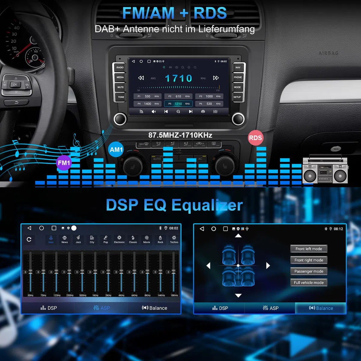 Autoradio mit Bildschirm Bluetooth für VW Polo Golf 5 6 T5 Passat Caddy Seat Skoda, 2Din Auto Radio 7 Zoll Touch Display Android 14,mit DAB Navi WLAN Carplay Android Auto Lenkrad Strg