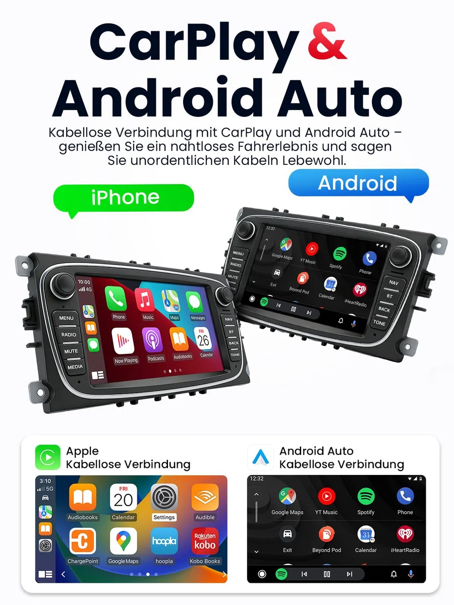 Doppel DIN Autoradio mit Bildschirm für Ford Mondeo Focus S-Max Galaxy, Wireless CarPlay & Android Auto, 7" Auto Radio Touch Display, 4GB+64GB, Bluetooth 5GHz WiFi DAB+ FM AUX GPS