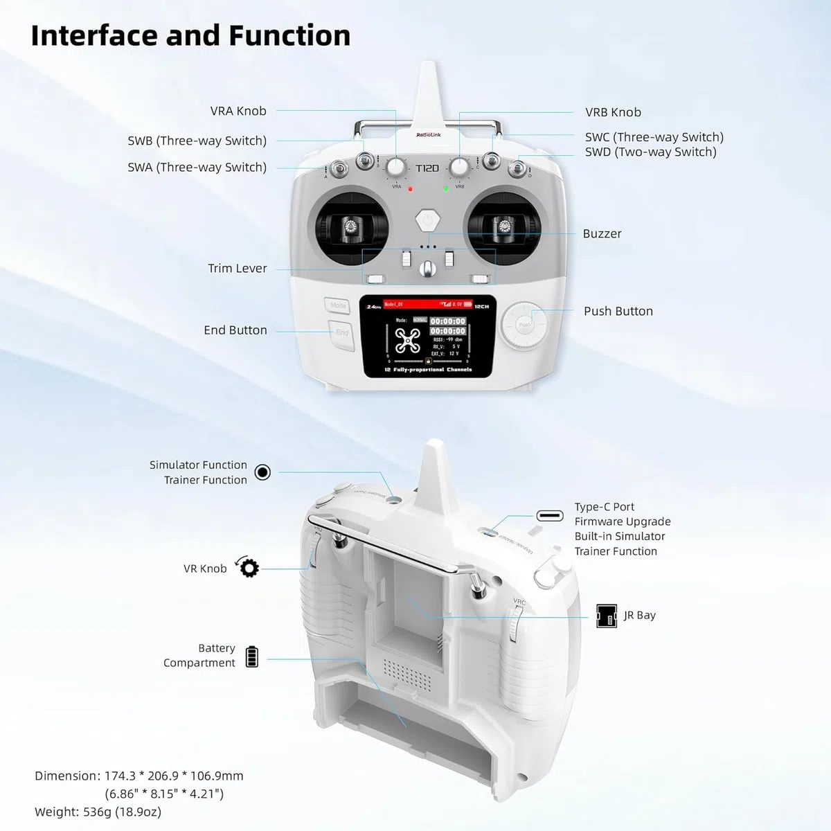Radiolink T12D V2 12CH RC Fernsteuerung & R12F Empfänger Set, 2.4GHz Fernbedienung mit 4km Reichweite, 50 Modellspeicher, Unterstützt ELRS/TBS Crossfire Modul für Drohne, Flugzeug, Auto, Boot (Mode 2)