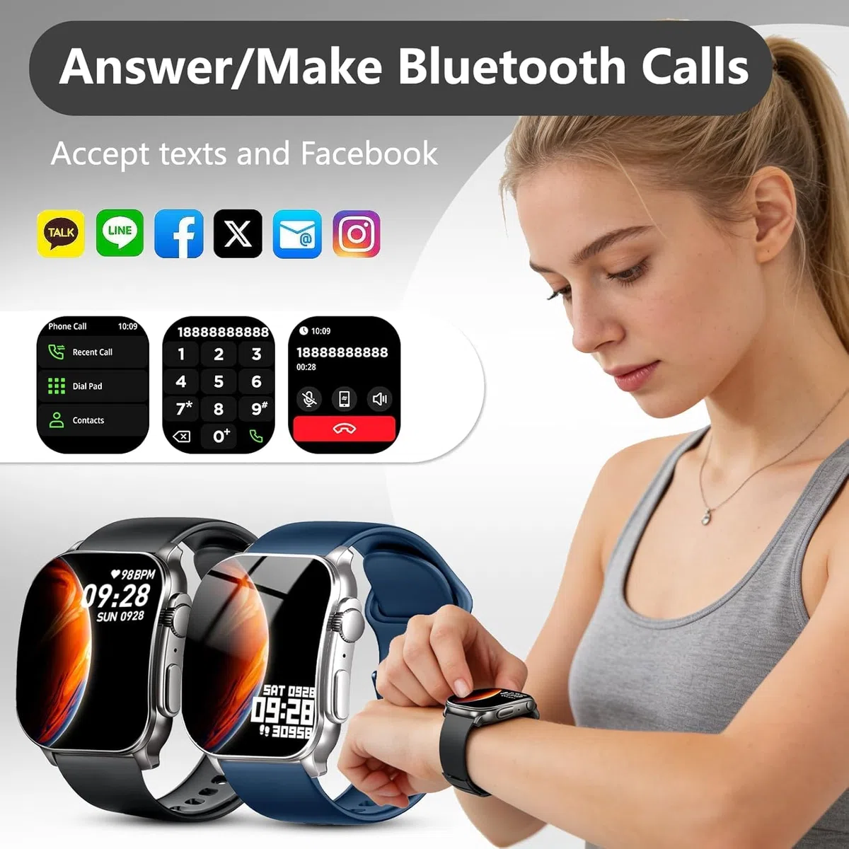 Smartwatch Damen Herren 2.01" HD AMOLED Curved Bluetooth-Anrufe Fitnessuhr Pulsmesser Schlafmonitor Schrittzähler IP68 Wasserdicht Lange Akkuleistung