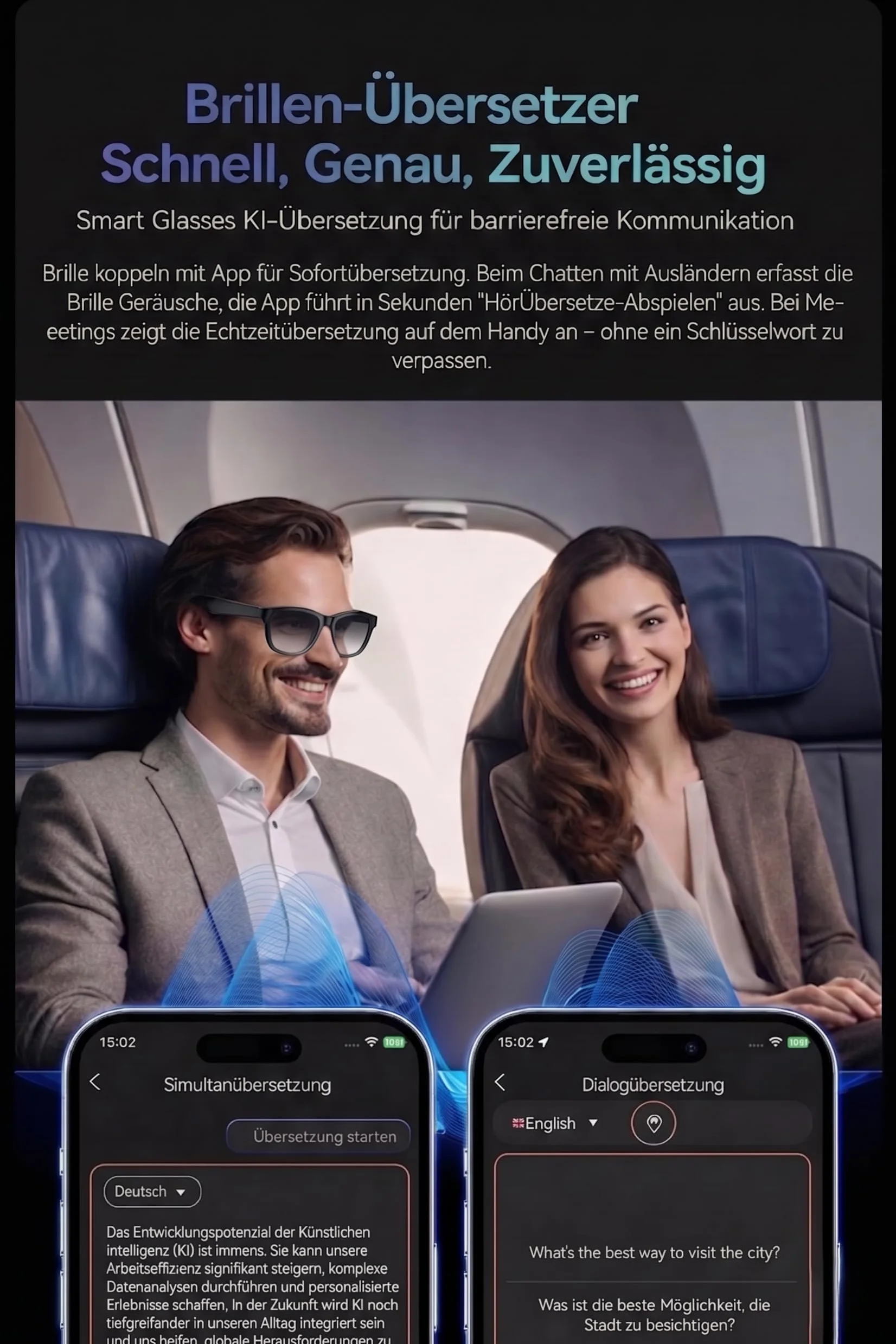 Smart Glasses mit KI & Bluetooth, ChatGPT-Sprachassistent, UV-Schutz, WLAN, Echtzeit-Übersetzung in 89 Sprachen, 2K-Kamera, Open-Ear-Audio, IP65 wasserdicht, Objektidentifizierung, inkl. 2 Gläser