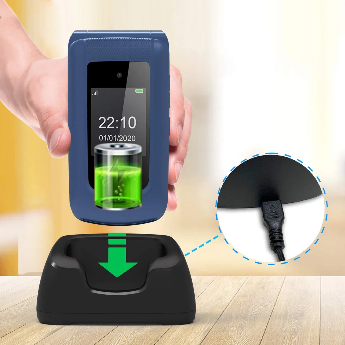 ULEWAY Seniorenhandy Klapphandy ohne Vertrag,GSM Großtasten Mobiltelefon SOS Notruffunktion,Taschenlampe,FM Radio,2.4 Zoll Dual Display Handy für Senioren (Blau)(mit Ladestation)