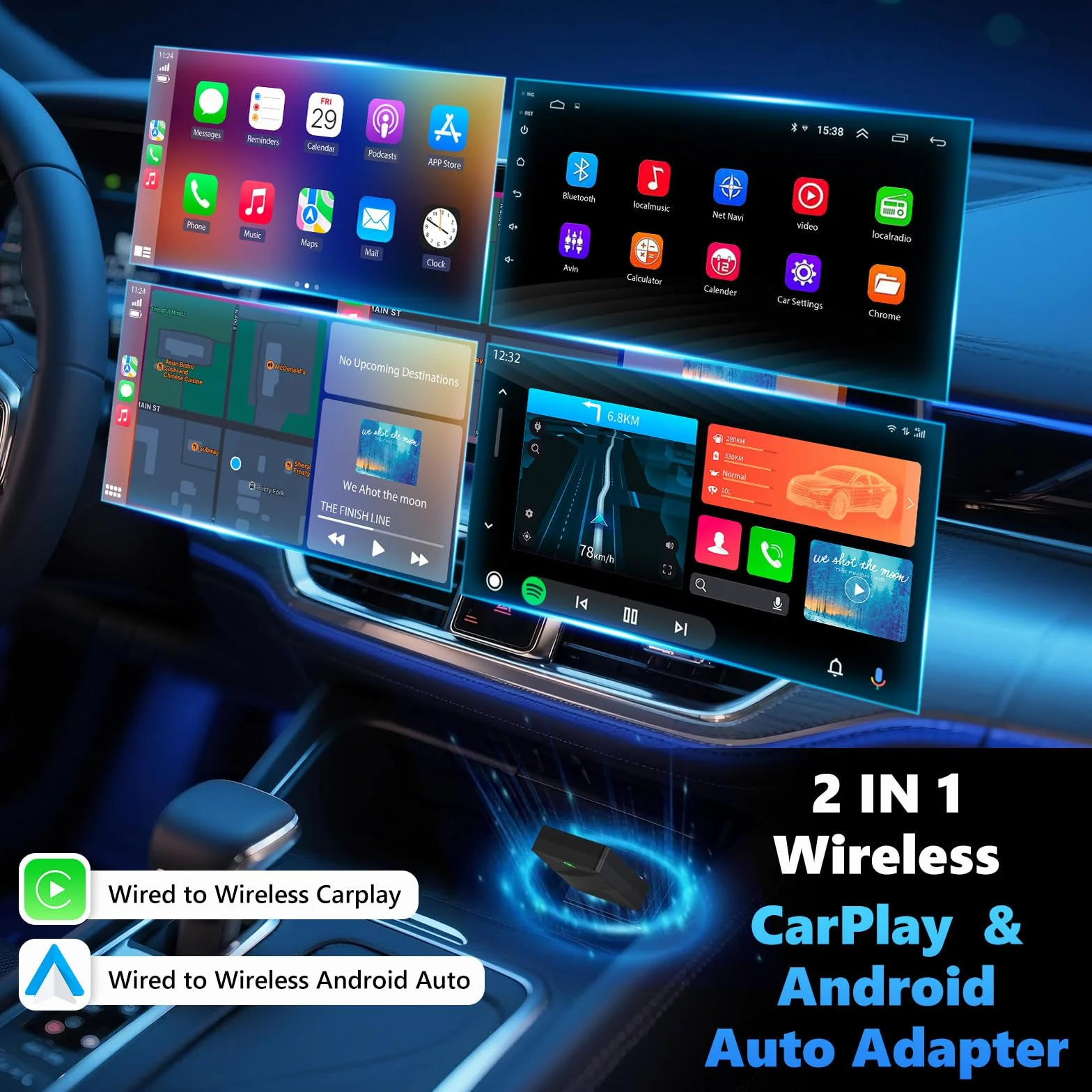 2 IN 1 Wireless CarPlay & Android Auto Adapter, Kabelloser USB-Dongle für Autos, Kabelloses CarPlay & Android Auto, Plug & Play, Schnelle Stabile Verbindung, Unterstützt iOS 10+ und An-droid 11+