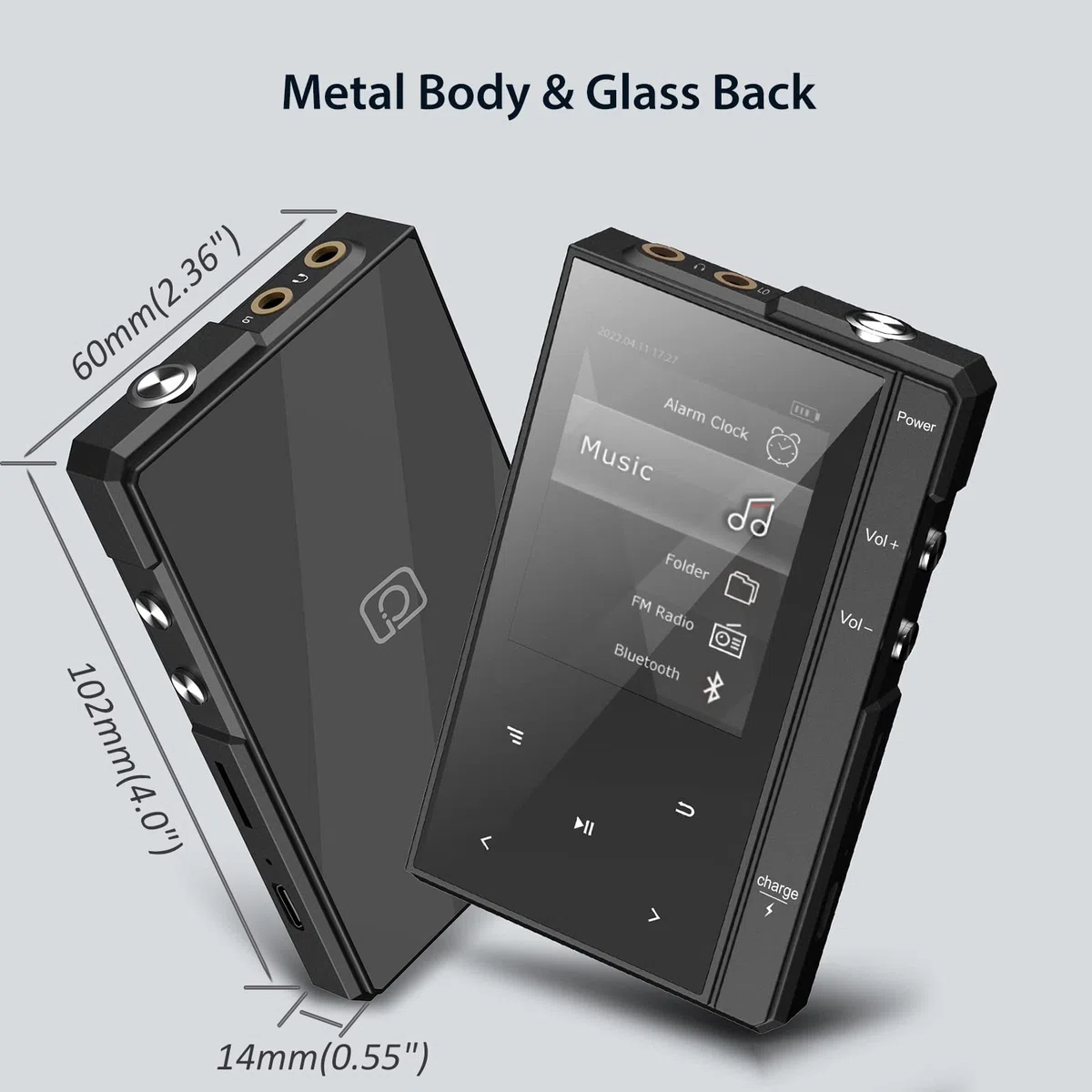 MP3-Player mit 90 Stunden Akkulaufzeit, Bluetooth 5.0, Phinitec Z6 Digital Audio Player mit Robustem und Langlebigem Metallgehäuse, 2,4 Zoll IPS Glasdisplay (Schwarz, 96, GB)