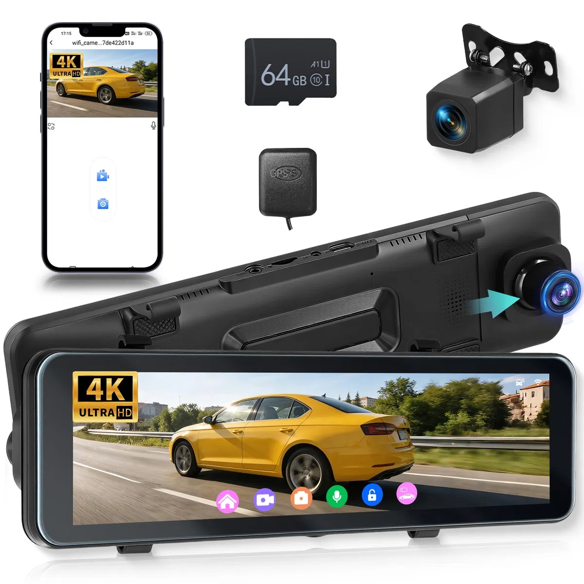 Hodozzy 4K+1080P Rückspiegel Dashcam Auto, GPS ADAS BSD WLAN & App, 10,88 Zoll Touchscreen Spiegel Dash Cam Vorne und Hinten mit Rückfahrkamera, Parkmodus, G-Sensor, Loop, Nachtsicht, 64GB TF Karte