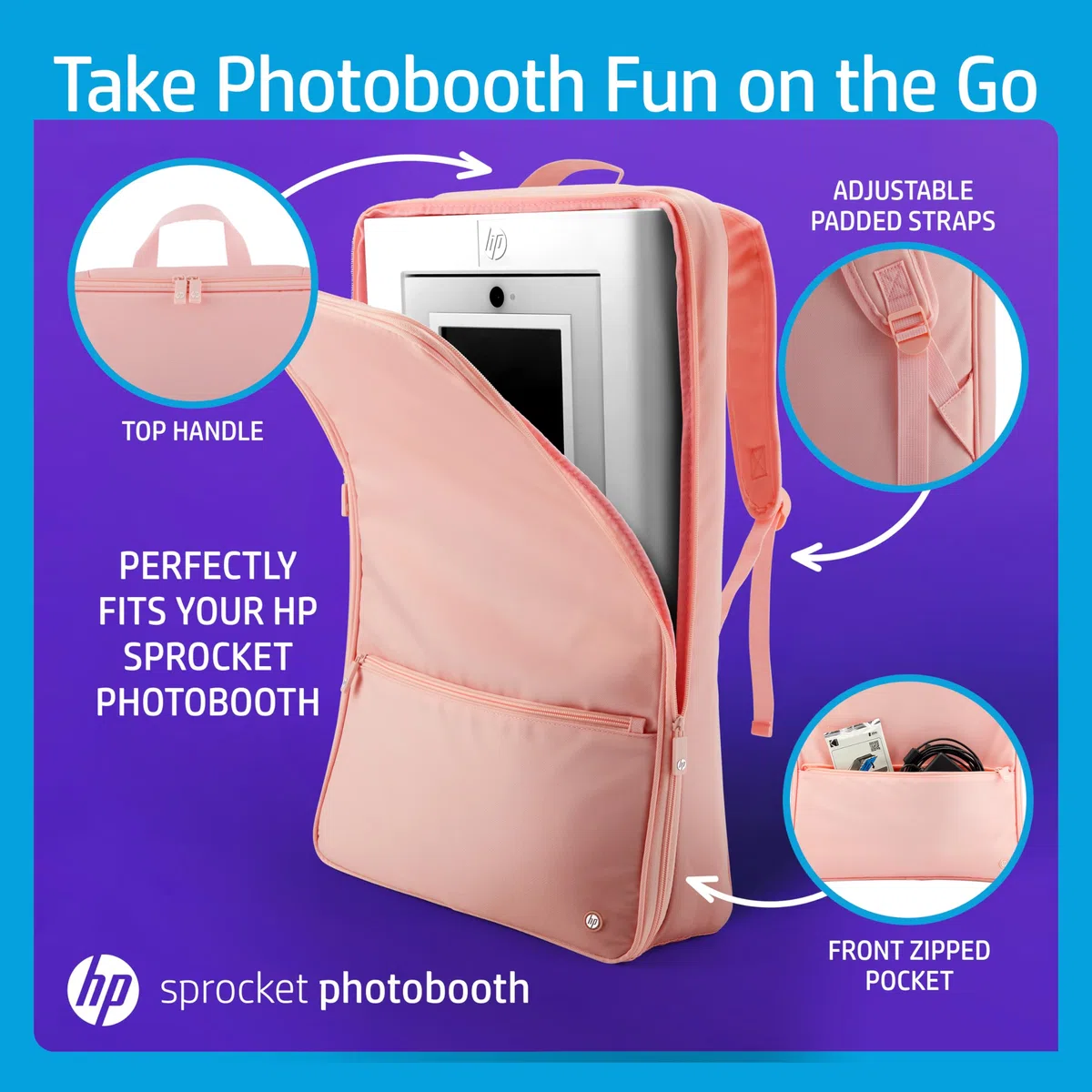HP Reiserucksack für Sprocket Photobooth – Gepolsterte Tasche mit verstellbaren Schultergurten und Front-Reißverschlusstasche (Rosa)