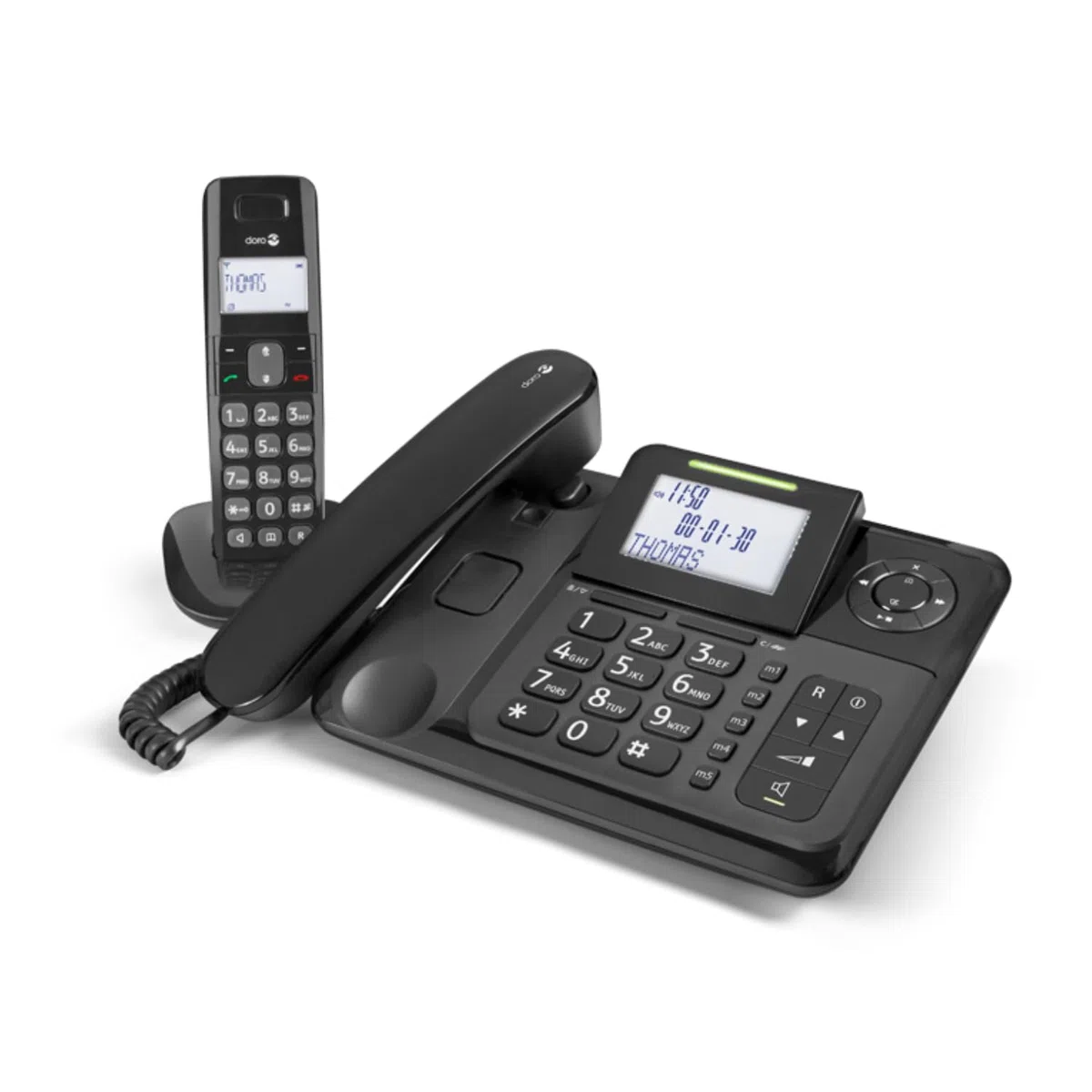 DORO - Doro Comfort 4005 - Schnurgebundenes Festnetztelefon + Schnurloses DECT-Telefon mit AB - Hintegrundbeleuchtetes Display - LED-Anzeige - Tastatur mit großen Tasten - Audioverstärker - Schwarz