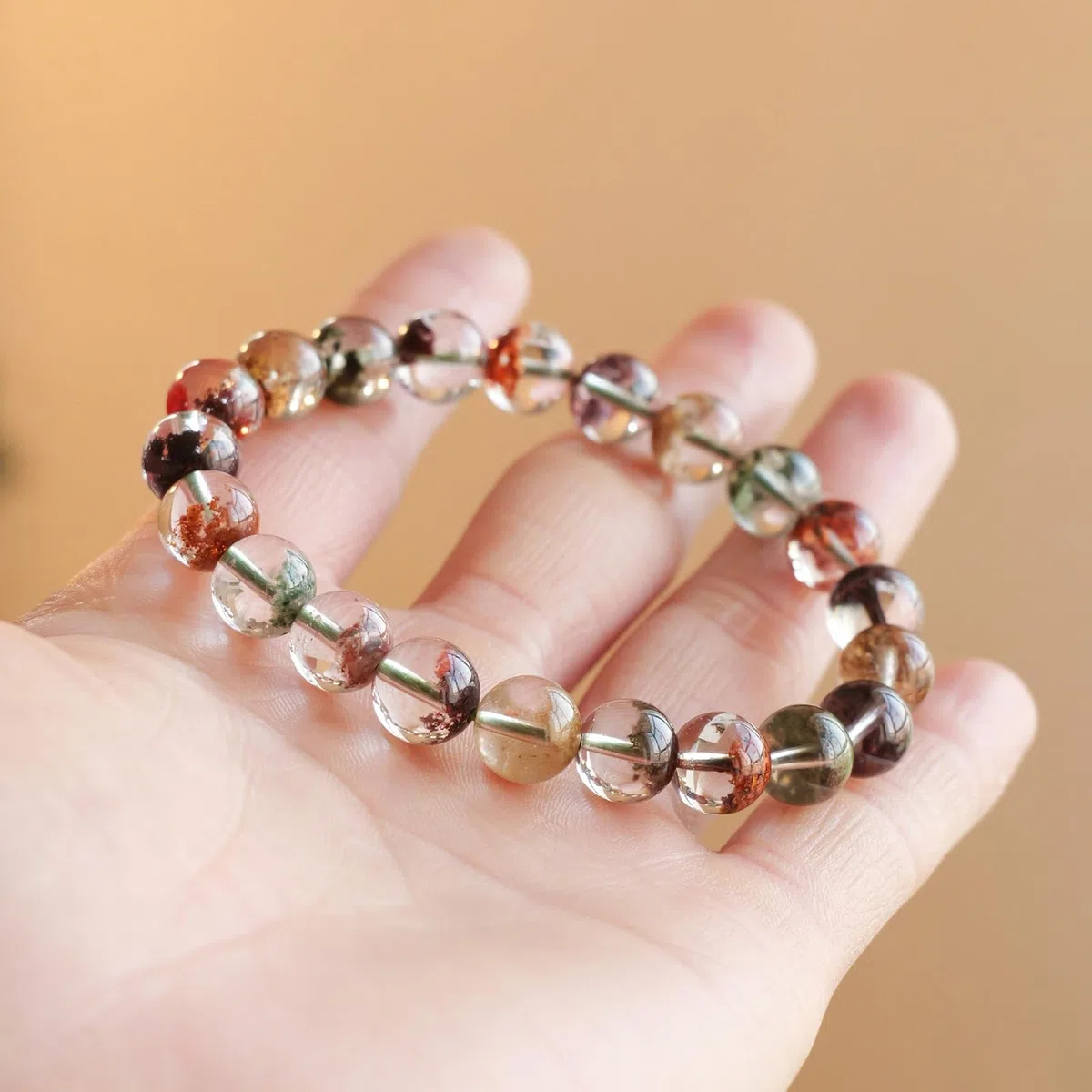 Armband aus Naturkristallen | Phantomquarz-Armband der Vier Jahreszeiten | Handgefertigte Energiequarz-Perle | Vintage-Schmuck für Damen und Herren,7~8mm