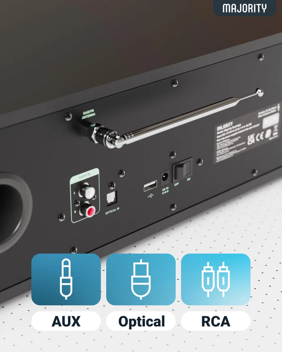 Internetradio WLAN mit CD Player | Stereoanlage Bluetooth mit Radio DAB+ & UKW | 120W 2.1 Stereo Lautsprecher mit Eingebauter Subwoofer | Küchenradio mit Spotify Connect & Podcasts | MAJORITY Quadriga