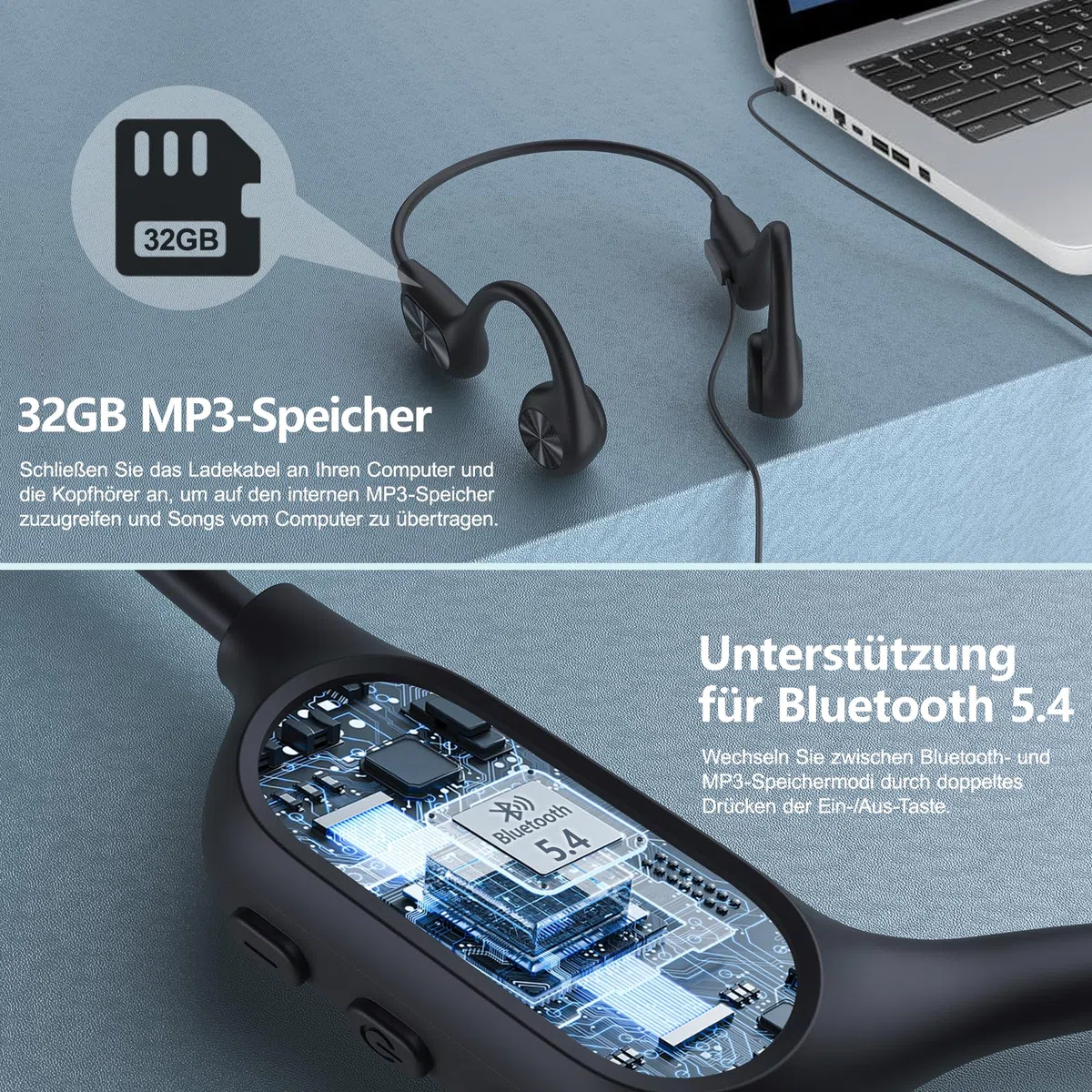 Kopfhörer Schwimmen, Knochenschall Kopfhörer Bluetooth 5.4, IPX8 Wasserdicht,Sportkopfhörer 32G Speicher, Open Ear Headset mit MP3-Player, Unterwasser Ohrhörer zum Schwimmen, Training & Laufen