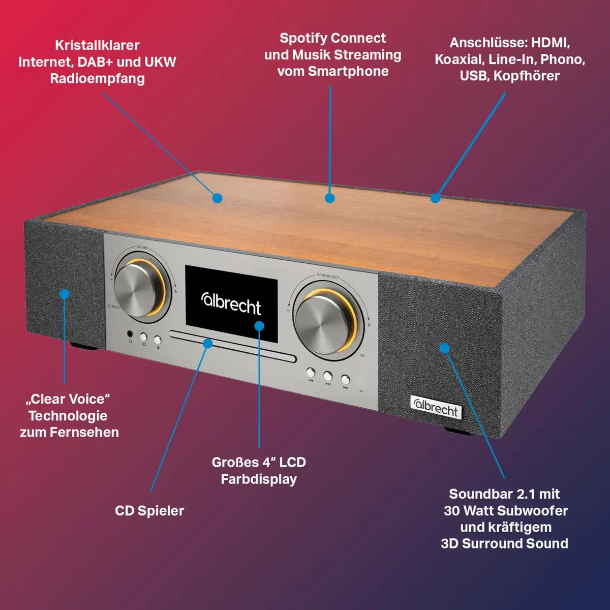 Albrecht DR 1000 All-In-One Soundsystem, Soundbar 2.1 mit 30 Watt Subwoofer, Clear-Voice, Internet-Radio, DAB+, CD-Player, Musik-Streaming, HDMI, braun/grau